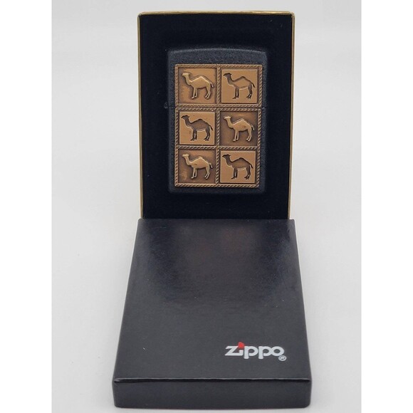 1994 Zippo Camel Herd Black Crackle Brass Raised Emblem Sealed - Picture 2 of 4